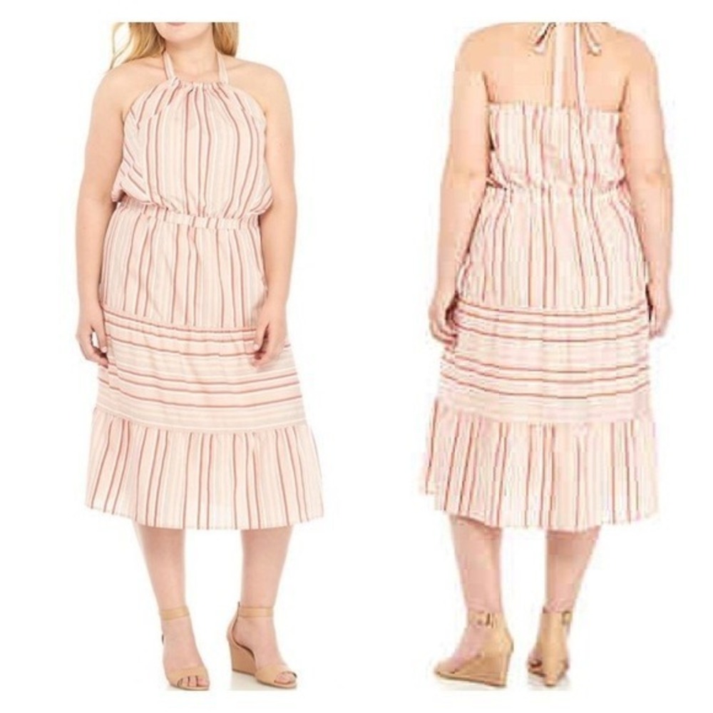 Kaari Blue Dress Womens 3XL Pink Stripe‎ Halter Tie Back Tiered Lined Resort
